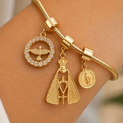 Pulseira Sagrada Nossa Senhora Aparecida e São Bento – Elegância e Devoção